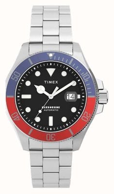 Timex 男士 Harbourside Coast 自动上链腕表（43 毫米）黑色表盘不锈钢表链 TW2V72100