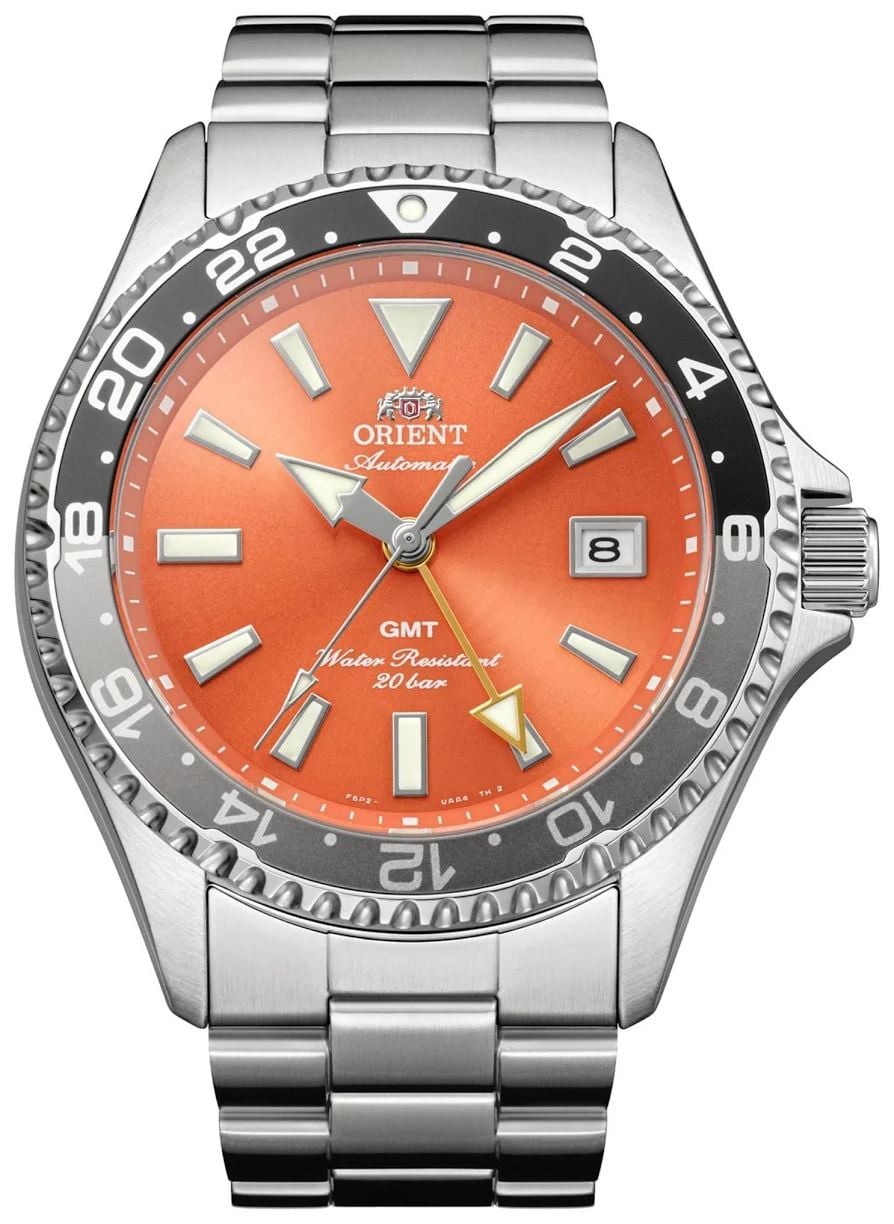 Orient Mens Mako GMT Automatic Orange Dial Stainless Steel Watch