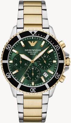 Emporio Armani Cronógrafo solar World Explorer (43,5 mm), esfera verde / brazalete de acero inoxidable de dos tonos AR11695