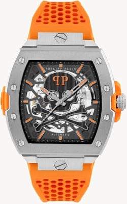 Philipp Plein スケルトン限定版自動巻き（44mm）ブラックスケルトン文字盤/オレンジシリコンストラップ PWJFA1225