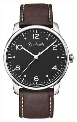 Hanhart Pioneer silva (38,5 mm) quadrante nero / cinturino in pelle marrone scuro - m 782.210-8110