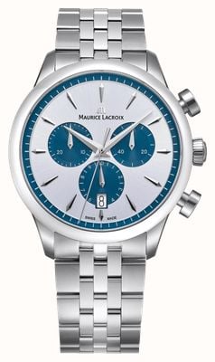 Maurice Lacroix Quarz-Chronograph von 1975 (40 mm), silbernes Zifferblatt mit Sonnenschliff / Edelstahlarmband 751038-SS002-131-1
