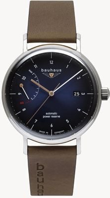 Bauhaus Reserva de marcha automática clássica (41 mm), mostrador azul escuro / pulseira de couro marrom claro 21603