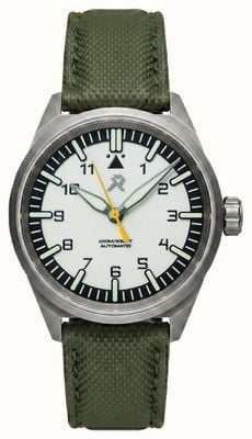 RZE Resolute Type A Automatic (39.5mm) Polaris White Dial / OD Green TecTuff Leather Strap Watch RES-TYPEA-PW
