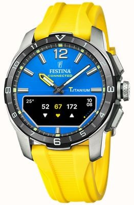 Festina Connected d Hybrid-Smartwatch (44 mm) blaues integriertes Digitalzifferblatt / gelbes Gummiarmband F23000/8