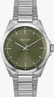 HUGO Montre à quartz trois aiguilles Seam (42,5 mm), cadran vert kaki, bracelet en acier inoxydable 1530453