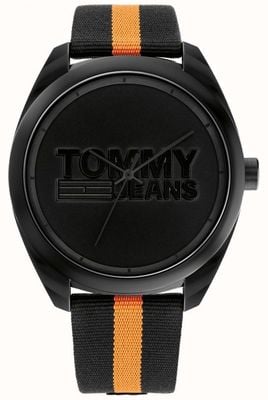 Tommy Jeans Herren | schwarzes Zifferblatt | schwarzes und orangefarbenes Nylonarmband 1792042