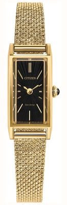 Citizen Eco-Drive Fio (14x30mm) mostrador preto / pulseira de malha de aço inoxidável com revestimento PVD dourado EG7120-51A EG7128-59E