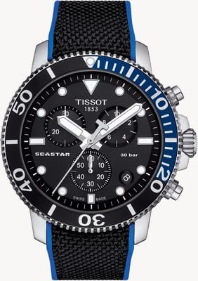 Tissot Seastar 1000 Chronograph (45,5 mm) schwarzes Zifferblatt / schwarzes und blaues Armband Uhr T1204171705103