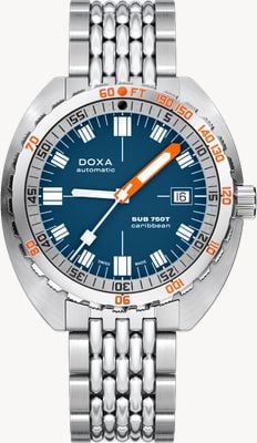 DOXA Sub 750t Karibik (45 mm) blaues ikonisches Zifferblatt / Reiskornarmband aus Edelstahl 825.10.201.10