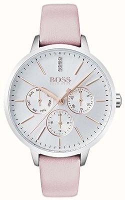 BOSS Silver Dial Day & Date Sub Dial Crystal Set Pink Leather 1502419
