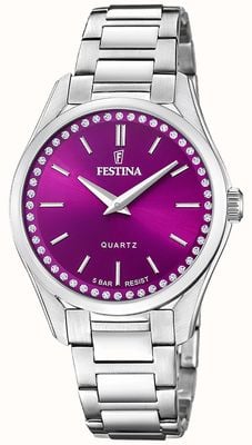 Festina 女士钢质手表，带 cz 镶嵌和钢质表链 F20583/2
