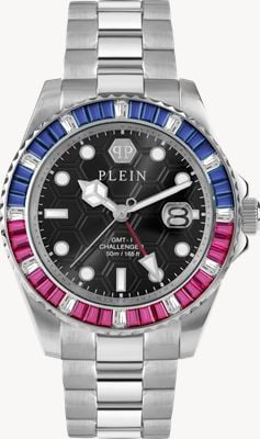 Philipp Plein Часы Hyper-sport gmt-i challenger baguettes (44 мм) с черным циферблатом и браслетом из нержавеющей стали PWPZA0124
