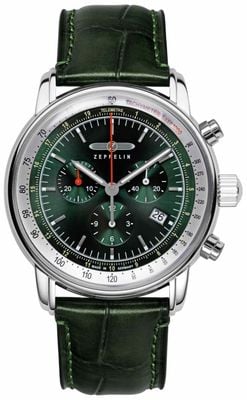 Zeppelin Cronógrafo de quartzo marinho LZ 14 (42 mm) mostrador verde escuro / pulseira de couro verde escuro 8888-4