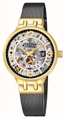 Festina Damski zegarek automatyczny typu szkielet w kolorze złotym/czarnym z siateczkową bransoletą F20580/2