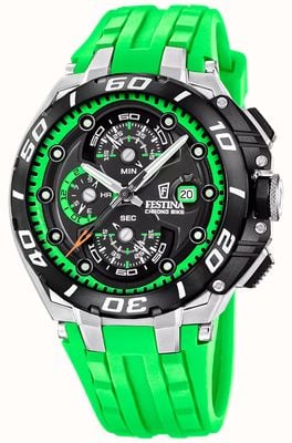Festina Relógio cronógrafo Bike 2026 (46 mm) com mostrador preto e pulseira de borracha verde. F20755/6