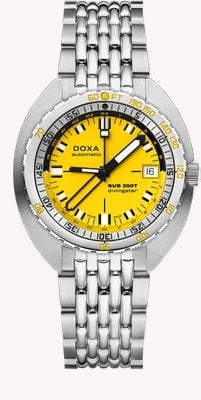 DOXA Sub 250t GMT Divingstar (40mm) gelbes ikonisches Zifferblatt / Edelstahl-Reiskornarmband-Uhr 855.10.361.10
