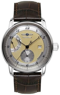 Zeppelin Friedrichshafen Power-Reserve Automatic (42mm) Gold Clous de Paris Dial / Brown Leather Strap 8590-5