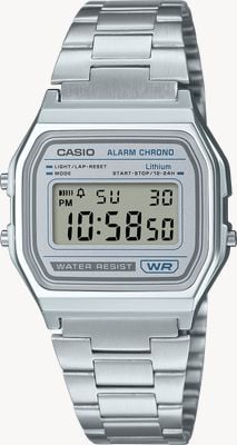 Casio Винтажные часы-хронограф с будильником (33,2 мм), синий цифровой циферблат / браслет из нержавеющей стали. A158WEA-7EF