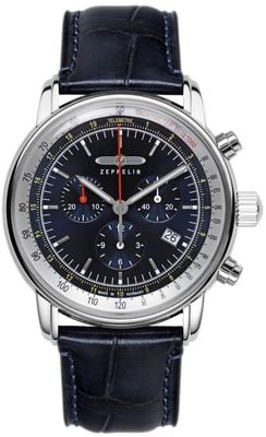 Zeppelin Cronógrafo de quartzo marinho Lz 14 (42 mm) mostrador azul escuro / pulseira de couro azul escuro 8888-3