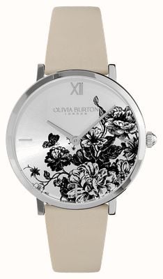 Olivia Burton Quadrante argentato con fioriture floreali (35 mm) / cinturino in pelle perlata anticata 24000113