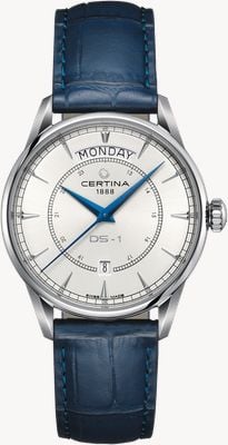 Certina Orologio da uomo DS-1 Day Date (40 mm), quadrante bianco / cinturino in pelle blu C0294301601100