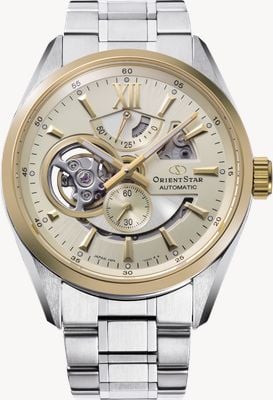 Orient Star Modernes skelettiertes Automatikwerk (41 mm) mit champagnerfarbenem Zifferblatt und Edelstahlarmband RE-AV0124G00B