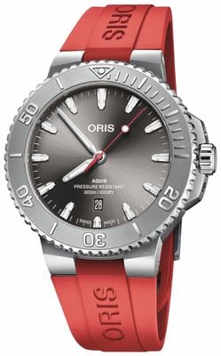 ORIS Aquis date relief automatique (43,5 mm) cadran gris soleillé / bracelet en caoutchouc rouge 01 733 7789 4153-07 4 23 36FC