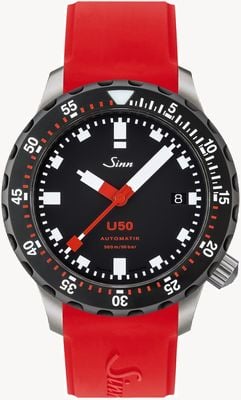 Sinn U50 sdr | czerwony pasek gumowy | zegarek z czarną tarczą 1050.040