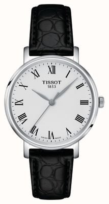 Tissot Montre Everytime pour femme (34 mm), cadran argenté / bracelet en cuir noir T1432101603300