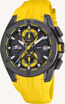 Lotus Vortex Quarz-Chronograph (44 mm) schwarz-gelbes Zifferblatt / gelbes Kautschukarmband L18943/1