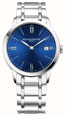 Baume & Mercier Reloj Classima de cuarzo (40 mm) con esfera azul efecto rayos de sol y brazalete de acero inoxidable M0A10382