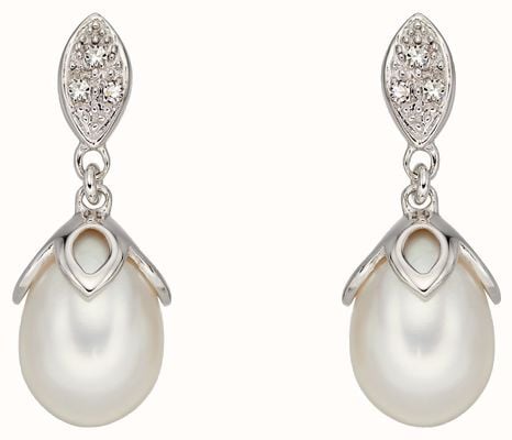 Elements Silver 9ct White Gold Diamond And Pearl Drop Earrings GE2223W
