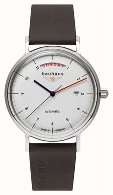 Bauhaus Pulseira de couro marrom italiano masculino | mostrador branco | automático | dia / data 2162-1