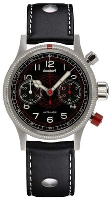 Hanhart Pioneer Tachytele Automatik (40 mm) schwarzes Zifferblatt / schwarzes Lederarmband mit Nieten - m 712.210-0010