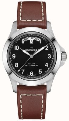 Hamilton Khaki field king day-date auto (40 mm) z czarną tarczą słoneczną / brązowym skórzanym paskiem H64475531