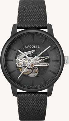Lacoste Montre homme 12.12 automatique (44 mm) cadran noir à cœur ouvert / bracelet en cuir noir 2011383