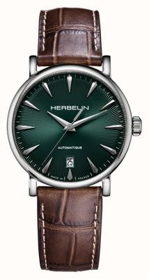 Herbelin Inspiration automatique (38 mm), cadran guilloché vert / bracelet en cuir marron 2047AP16MA