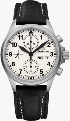 Damasko DC57 Chronograph Top Automatik (40 mm) mit Luminova C1-Zifferblatt, weißem Zifferblatt und schwarzem Lederarmband DC57 BLACK LEATHER