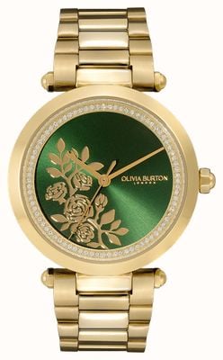 Olivia Burton Handtekening | groene bloemen wijzerplaat | gouden roestvrijstalen armband 24000043