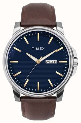 Timex Vestido masculino mostrador azul pulseira de couro marrom TW2V79200