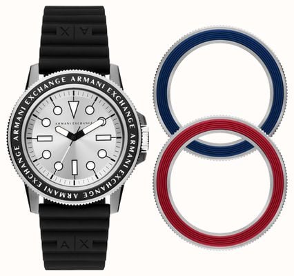 Armani Exchange Hommes | cadran argenté | bracelet en silicone noir AX7136SET