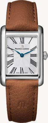 Maurice Lacroix Fiaba quadrado (24 mm) com mostrador prateado escovado 'fliniqué' / pulseira de couro marrom FA1205-SS001-110-3