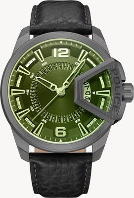 Police Mostrador verde sublinhado masculino (46 mm) / pulseira de couro preta PEWJB0005603