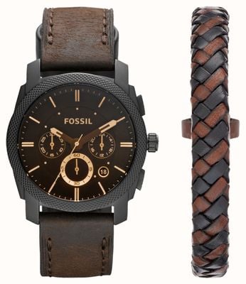 Fossil Set regalo macchina da uomo | quadrante cronografo nero | cinturino in pelle marrone | braccialetto di pelle FS5251SET