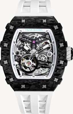 TSAR BOMBA Elemental Series Carbon Fiber Automatic (43.5mm) Black Skeleton Dial / White FKM Rubber Strap TB8208CF-40