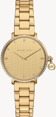 Michael Kors Verre saphir (32 mm), cadran doré à motif, bracelet en acier inoxydable plaqué or MK7572