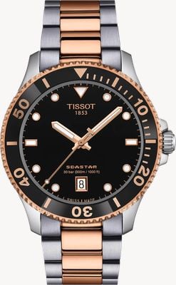 Tissot Seastar 1000 (40mm) cadran noir / bracelet en acier inoxydable bicolore montre en verre saphir T1204102205101