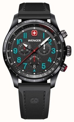 Wenger Cronógrafo de cuarzo Terragraph (43 mm) con esfera negra texturizada y correa de silicona negra. 01.0543.116