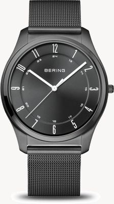 Bering Esfera de cuarzo ultradelgada (40 mm) con efecto rayos de sol en color negro / pulsera de malla de acero inoxidable con PVD en color negro 18340-222